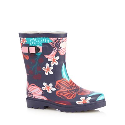 Girls' navy floral wellington boots